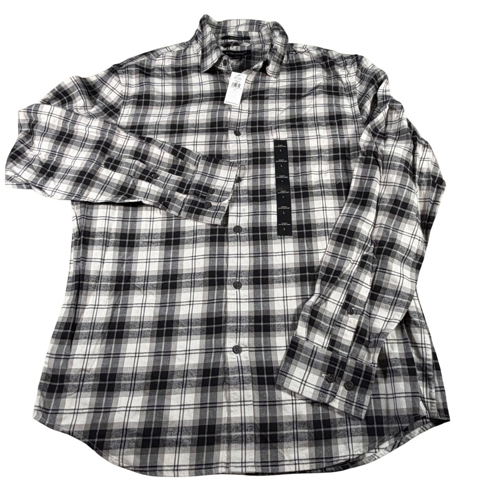 Banana Republic Button Down Shirt Mens L Black White Plaid Slim Untucked Fit